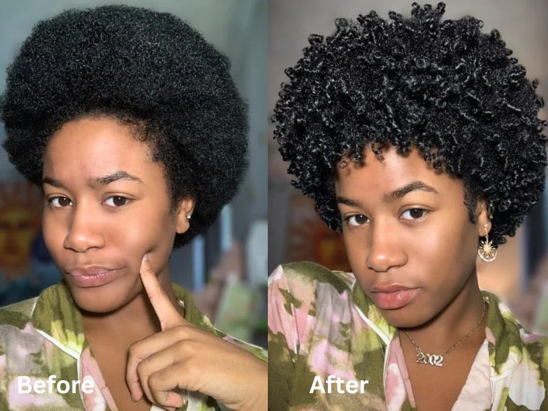 Before and after using coily hair products
