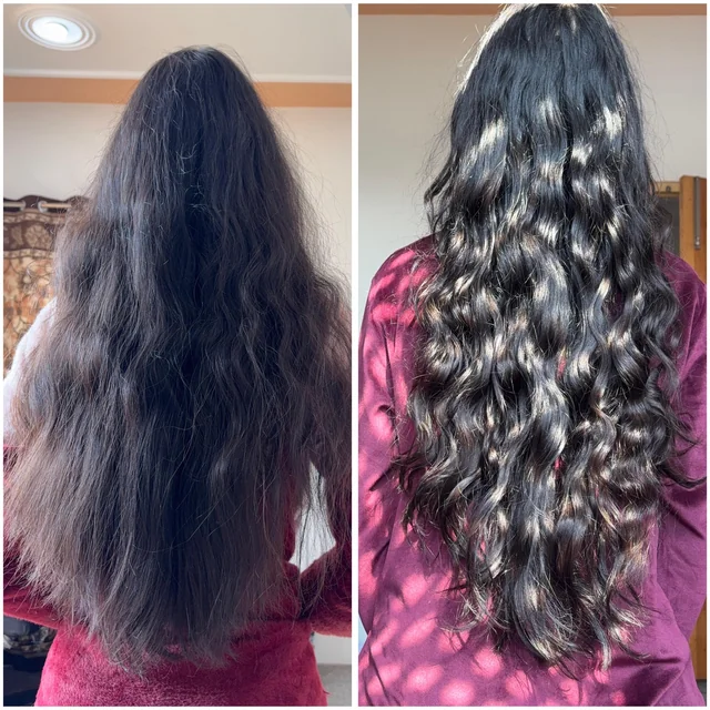 Before and after using wavy hair products